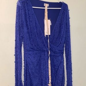 Embellished Wrap Over A-Line Mini Dress in Dark Blue from Oh Polly